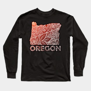 Colorful mandala art map of Oregon with text in brown and orange Long Sleeve T-Shirt